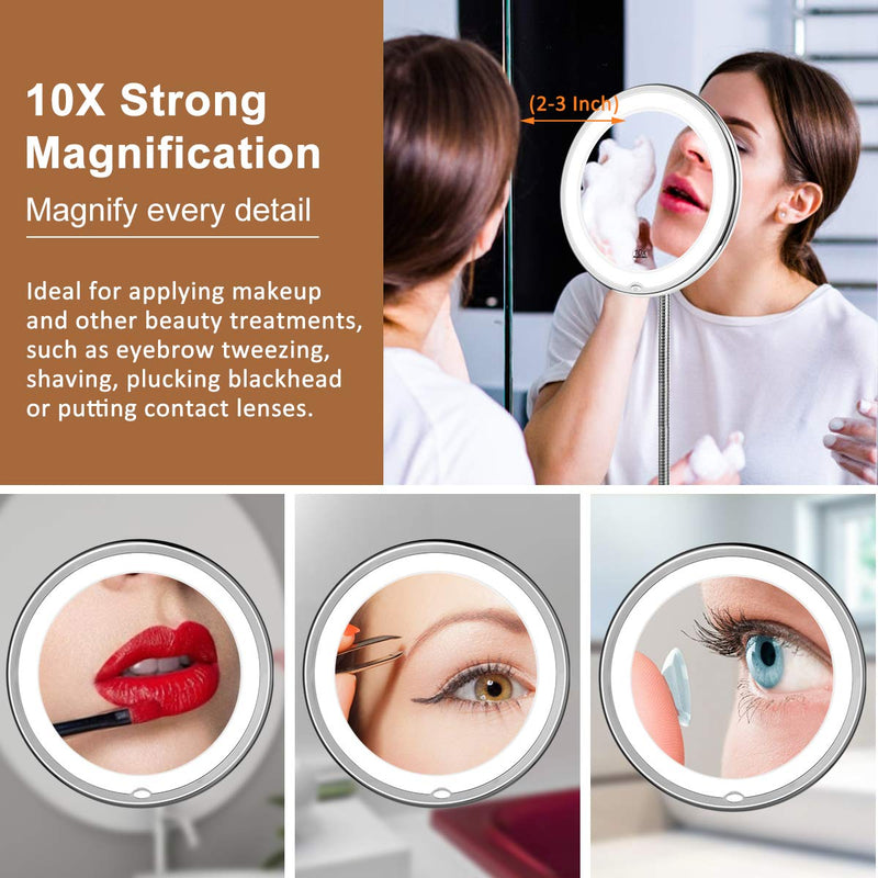 [Australia] - KEDSUM Flexible Gooseneck 6.8" 10x Magnifying LED Lighted Makeup Mirror, Bathroom Magnification Vanity Mirror with Suction Cup, 360 Degree Swivel, Daylight, Battery Operated, Cordless & Travel Mirror Circle Shape Ten Times 