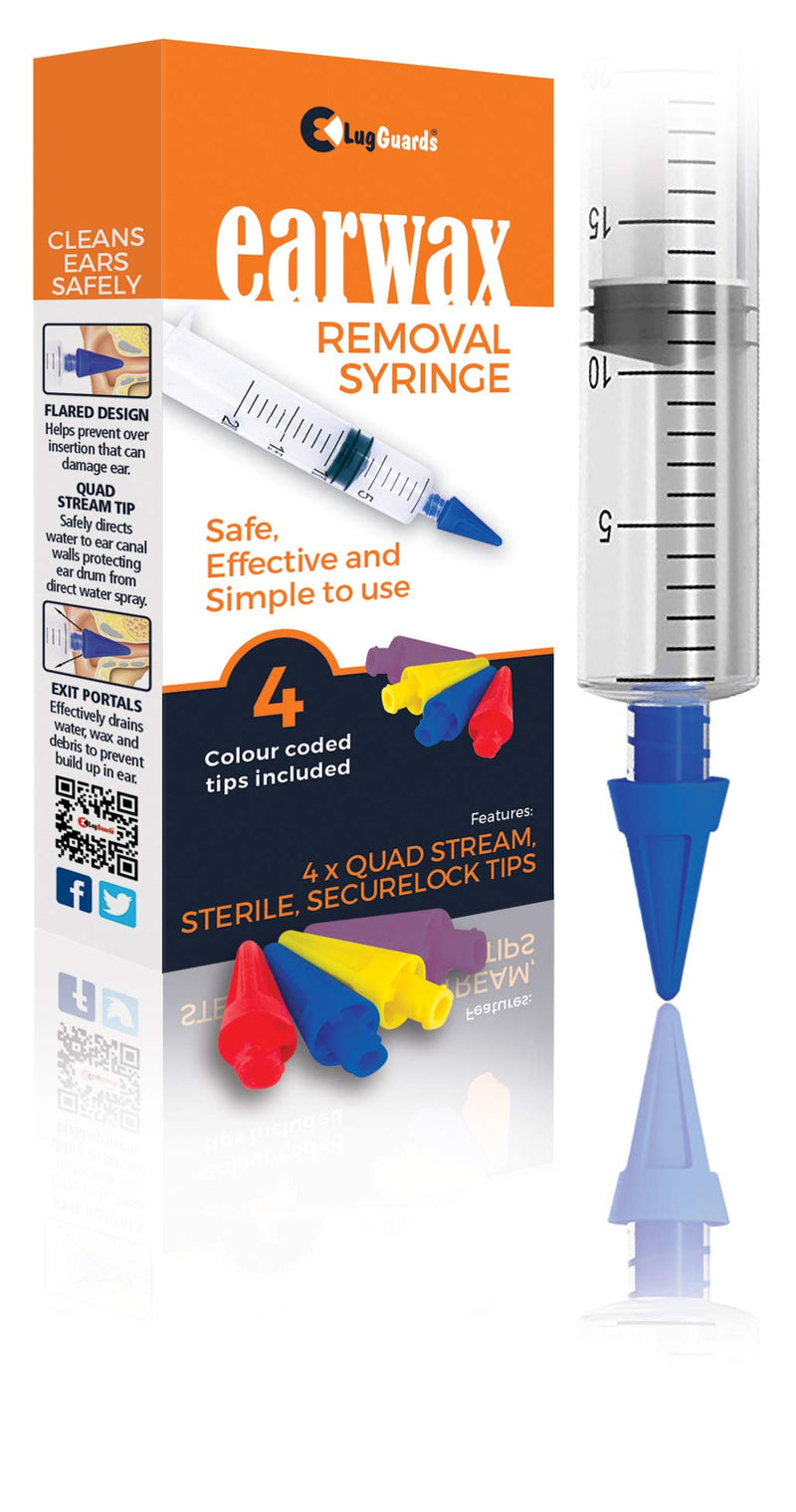 [Australia] - LUGGUARDS® 20ml Quad Stream Ear Wax Removal Syringe with 4 STERILE Colour Coded Tips & Liquiplug Advanced Dual Action Ear Drops 