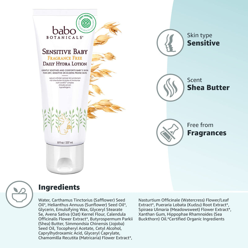 [Australia] - Babo Botanicals Sensitive Baby Fragrance-Free Daily Hydra Lotion - with Colloidal Oatmeal, Shea Butter & Jojoba Oil - EWG Verified, Vegan & Hypoallergenic - 8 fl. oz 8 Fl Oz (Pack of 1) 