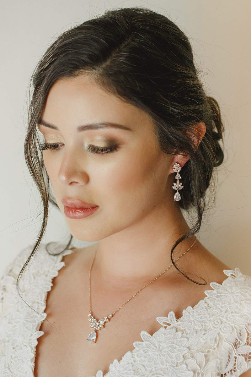 [Australia] - SWEETV Teardrop Wedding Bridal Jewelry Set for Brides Women Birdesmaid, Crystal Rhinestone Backdrop Necklace Earring Sets for Prom Rose Gold 