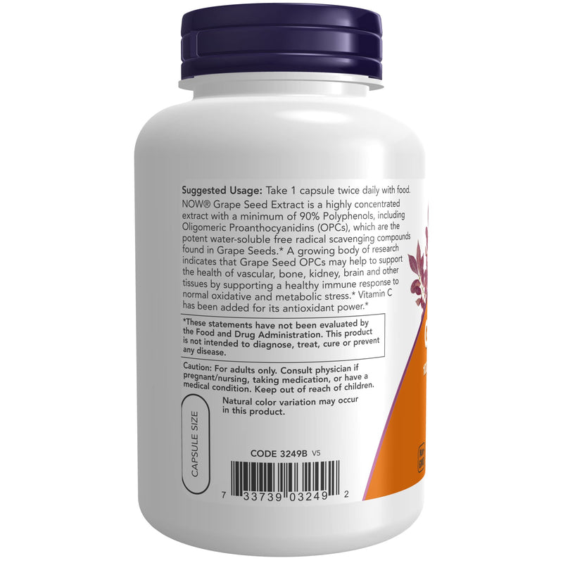 [Australia] - NOW Supplements, Grape Seed 100 mg - Standardized Extract, Highly Concentrated Extract with a Minimum of 90% Polyphenols, with Vitamin C, 200 Veg Capsules 200 Count (Pack of 1) 