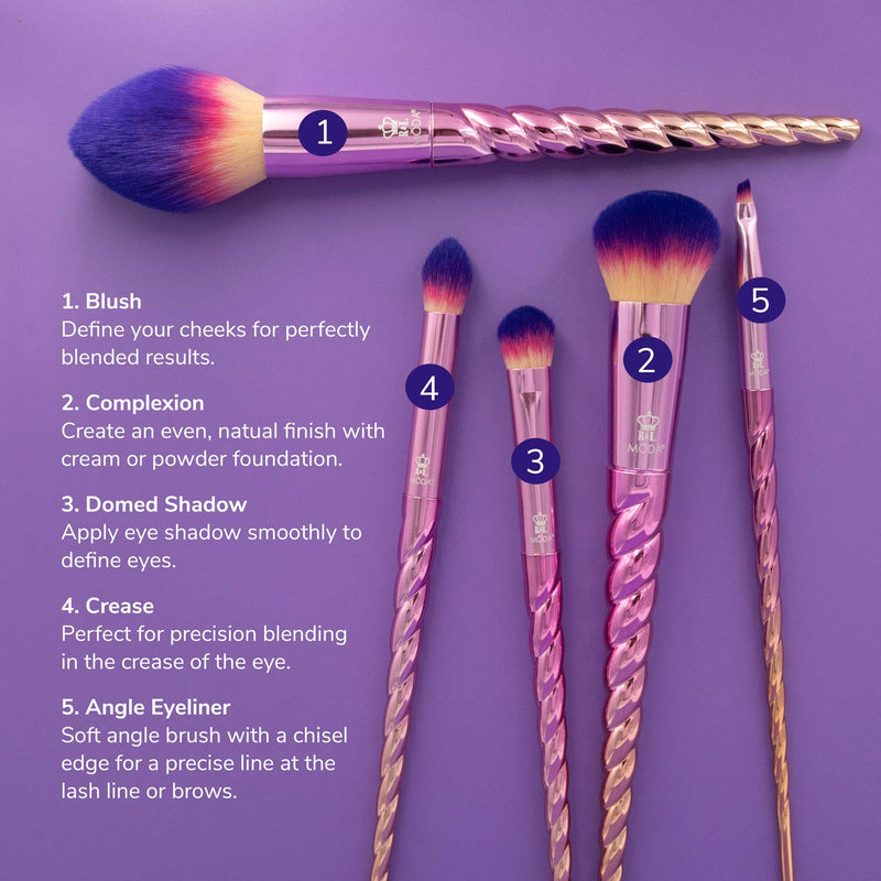 [Australia] - MODA Mythical, Full Size Star Traveler 6pc Unicorn Makeup Brush Set with Pouch, Includes - Blush, Complexion, Domed Shadow, Crease, and Angle Eyeliner Brushes 
