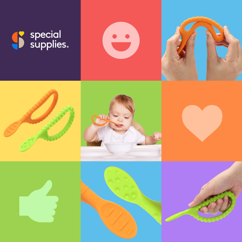 [Australia] - Special Supplies Duo Spoon Loops Oral Motor Therapy Tools, 2 Pack, Textured Stimulation and Sensory Input Treatment for Babies, Toddlers or Kids, BPA Free Silicone with Flexible, Easy Handle Green + Orange 