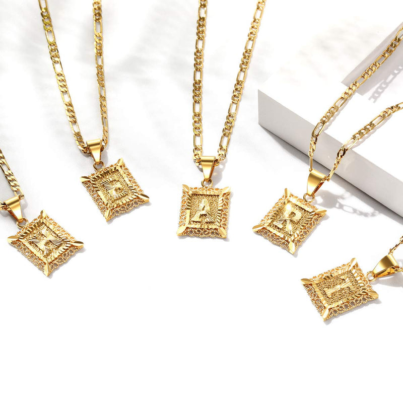 [Australia] - KissYan Initial Letter Pendant Necklace for Mens Womens, 18K Gold Plated Square Capital Monogram Necklace Alhpabets from A-Z Box Figaro Chain Necklace Hollow A hollow out 