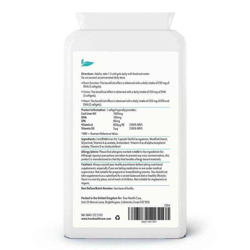 [Australia] - Cod Liver Oil Supplement 1000mg - 90 Soft Gel Capsules - Daily Omega 3 Supplement with DHA and EPA Essential Fatty Acids to Support Normal Function of The Heart, Brain and Eyes 