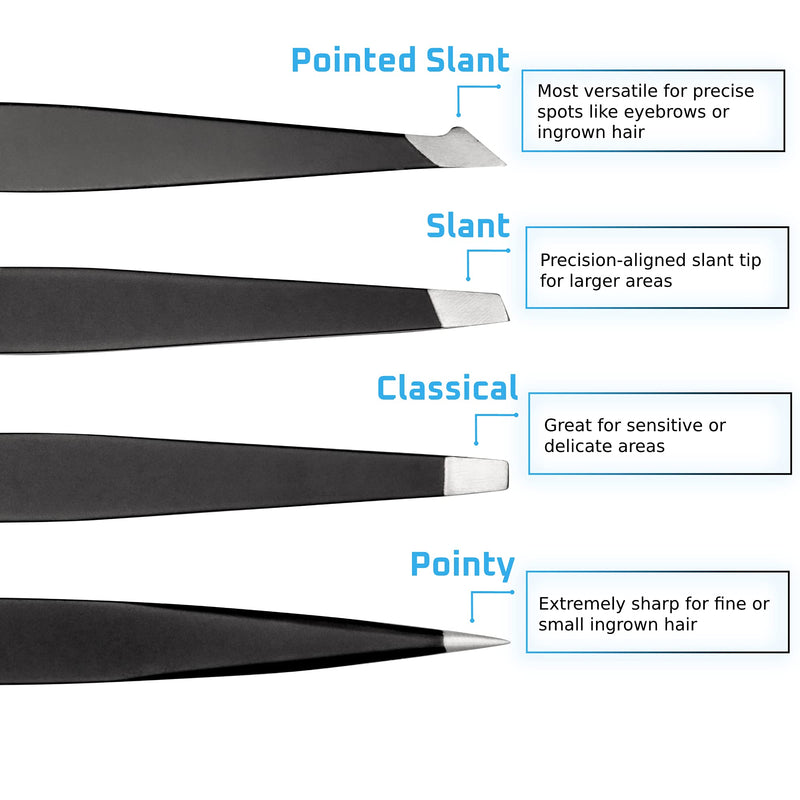 [Australia] - Rikans Precision Tweezers Set – Pack of 4 Black Professional Tweezers – Handy Carry Pouch – Superior Stainless Steel Tweezer Set – Splinters, Eyebrows, Facial or Ingrown Hair – Blackheads Remover 