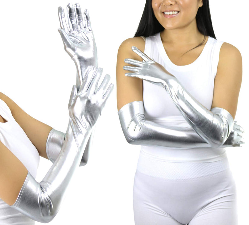 [Australia] - ToBeInStyle Women’s Above Albow Long Metallic Shiny Wet Look Novelty Gloves One Size Regular Silver 