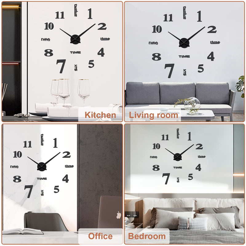 [Australia] - Aililife 3D DIY Wall Clock Decor Sticker Mirror Frameless Large DIY Wall Clock Kit for Home Living Room Bedroom Office Decoration (Black) Black 