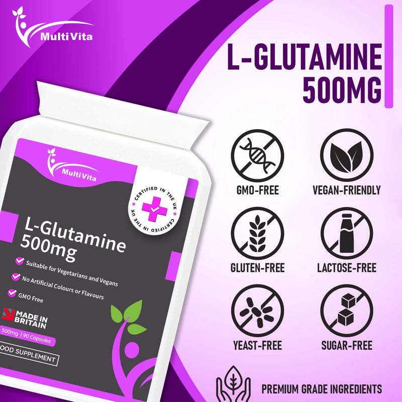 [Australia] - L-Glutamine 90 x 500mg Capsules (Not Tablets) 100% Pure Amino Acid – No Fillers or Binders – High Strength Premium Supplement – Suitable for Vegetarians & Vegans – Exclusively Manufactured in The UK 