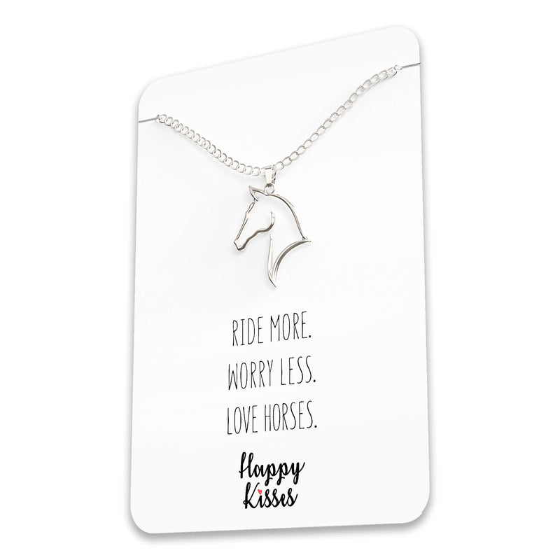 [Australia] - Happy Kisses Horse Necklace – Horse Gift for Horseback Riders – Cute Outline Pendant for Women & Girls - Sweet Message Card Silver 