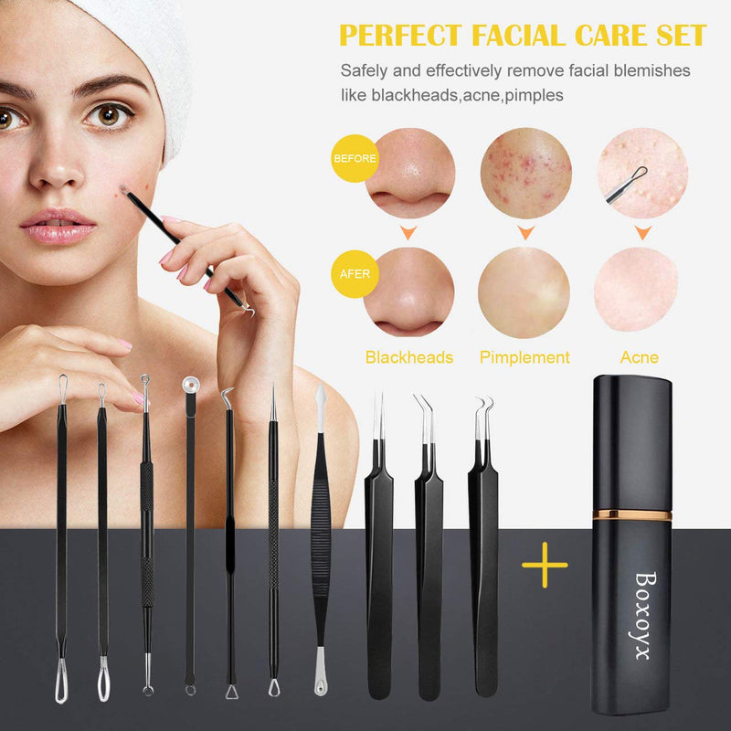 [Australia] - Pimple Popper Tool Kit - Boxoyx 10 Pcs Blackhead Remover Comedone Extractor Kit with Metal Case for Quick and Easy Removal of Pimples, Blackheads, Zit Removing, Forehead,Facial and Nose（Black) BLACK 