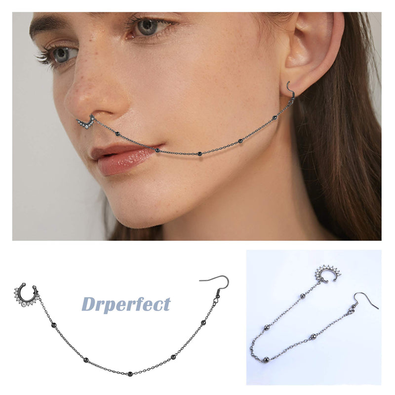 [Australia] - Drperfect Fake Nose Ring for Women Men Non Piercing Nose Hoop Ring Chain to Ear Nose Studs Horseshoe Septum Ring Clip On Faux Septum Piercing Jewelry Black 
