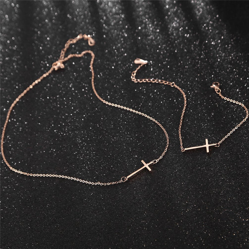 [Australia] - XIAOLI Sideways Cross Necklace Bracelets Set Rose Gold-Tone Silver-Tone 