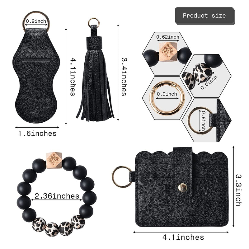 [Australia] - Women Wristlet Bracelet Keychain Wallet,Silicone Beaded Bangle Keyring Tassel Black One Size 