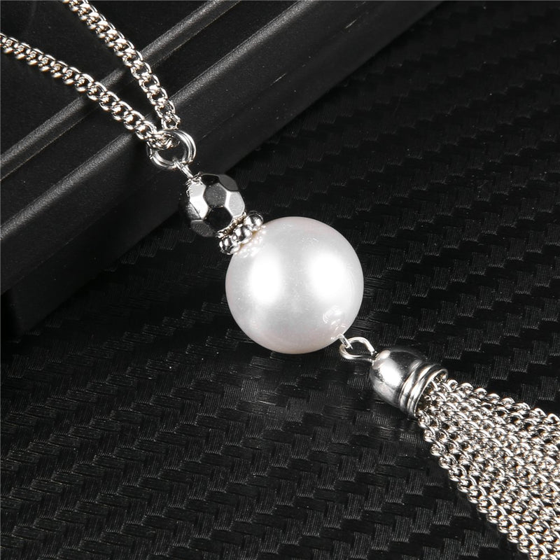 [Australia] - Long Tassel Pendant Necklaces for Women - Faux Pearl Necklace with Silver Chain, Fashion Jewelry for Lady White Necklace+Earrings 