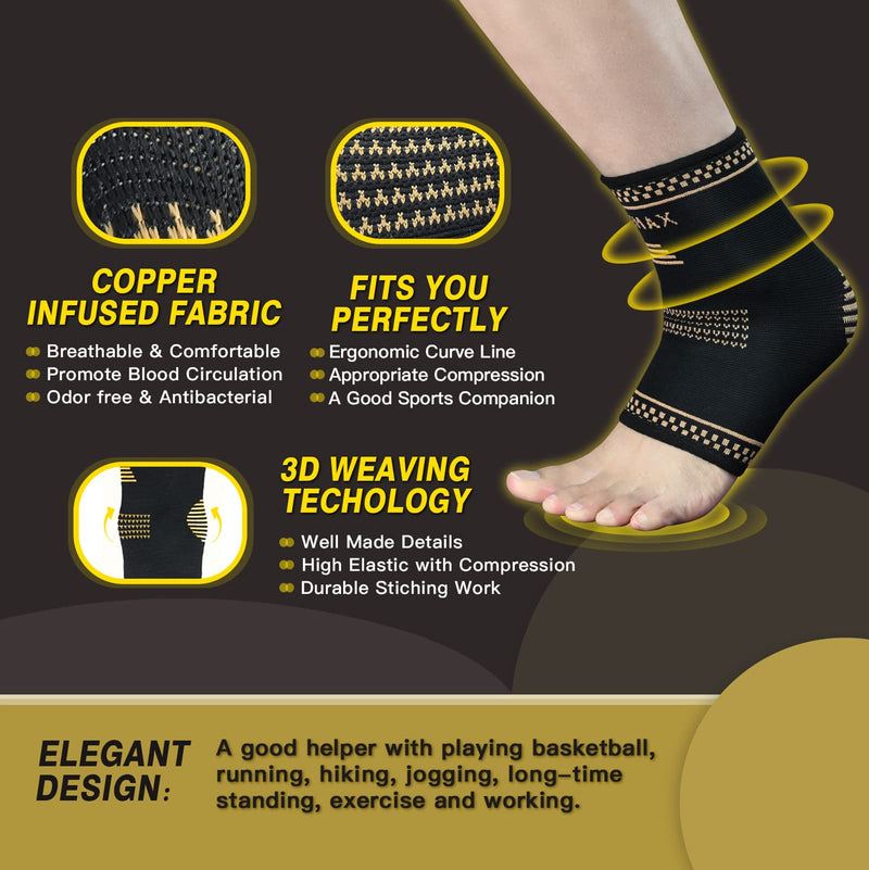 [Australia] - Copper Ankle Brace Set of 2, Copper Infused Compression Ankle Sleeve Support for Women and Men Plantar Fasciitis, Sprained Ankle, Achilles Tendon, Pain Relief, Recovery, Running, Exercise Large Golden Black 