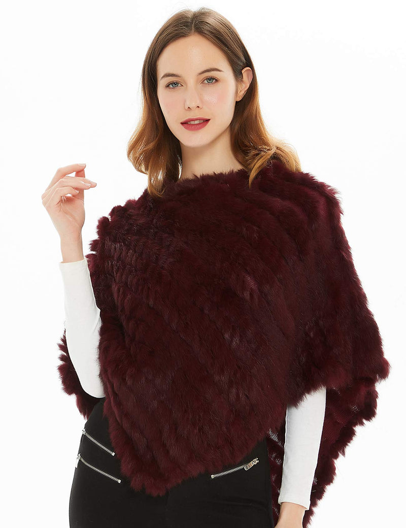 [Australia] - Ferand Women's Knitted Genuine Rabbit Fur Cape Poncho for Winter Burgundy 