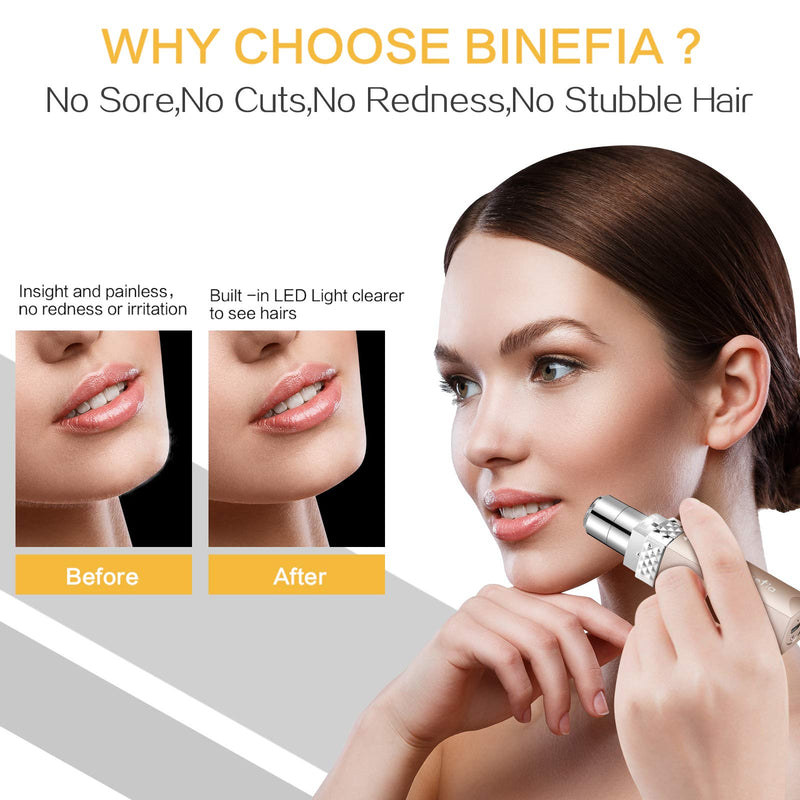 [Australia] - Facial Hair Remover Women, Binefia USB Rechargeable Facial Hair Removal, Painless Face Hair Trimmer, Portable Electric Razor, Waterproof Ladies Electric Shaver for Peach Fuzz/Facial Hair/Lip/Chin 