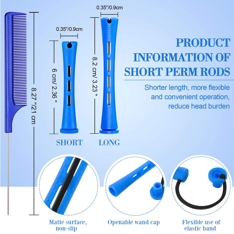 [Australia] - 48 Pieces Hair Perm Rods Short Cold Wave Rods Plastic Perming Rods Hair Curling Rollers Curlers with Steel Pintail Comb Rat Tail Comb for Hairdressing Styling Supplies (0.35 Inch, Blue and Dark Blue) 48 Count (Pack of 1) 