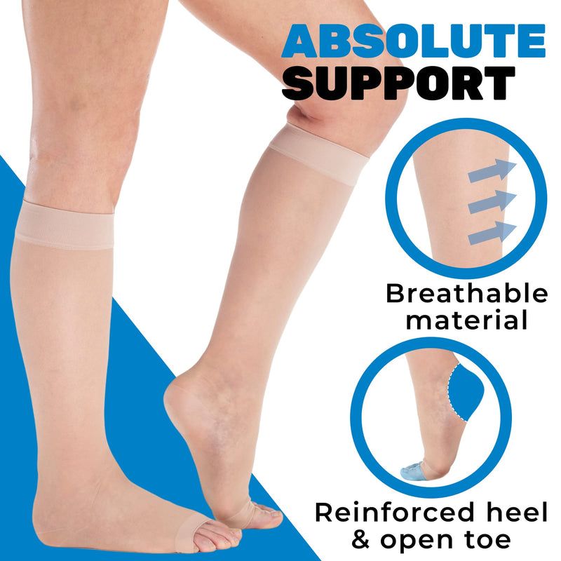 [Australia] - Absolute Support - Made in USA - Size Large - Sheer Compression Socks for Women Circulation 15-20 mmHg with Open Toe - Lightweight Long Compression Knee High Support Stockings for Ladies - Nude 