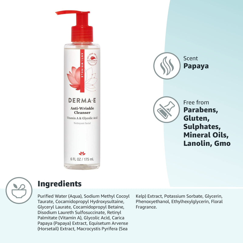 [Australia] - derma e Anti-Wrinkle Vitamin A Glycolic Cleanser with Papaya 6 oz 