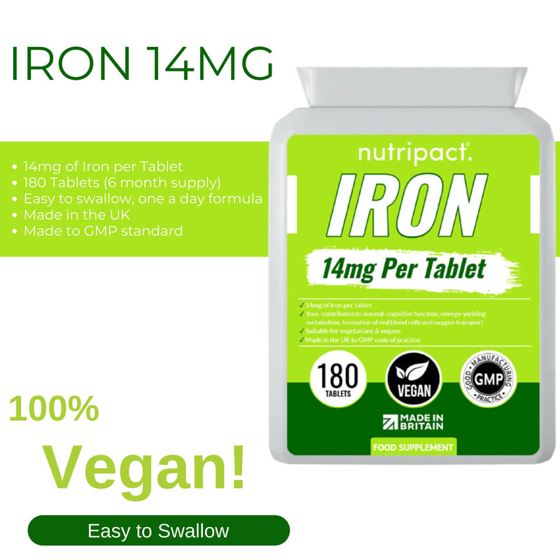 [Australia] - Iron Supplement 14mg - 180 Vegan Tablets - 6 Month Supply - Helps Reduce Tiredness & Fatigue, Energy Booster, Supports Immune System, Formation of Red Blood Cells 