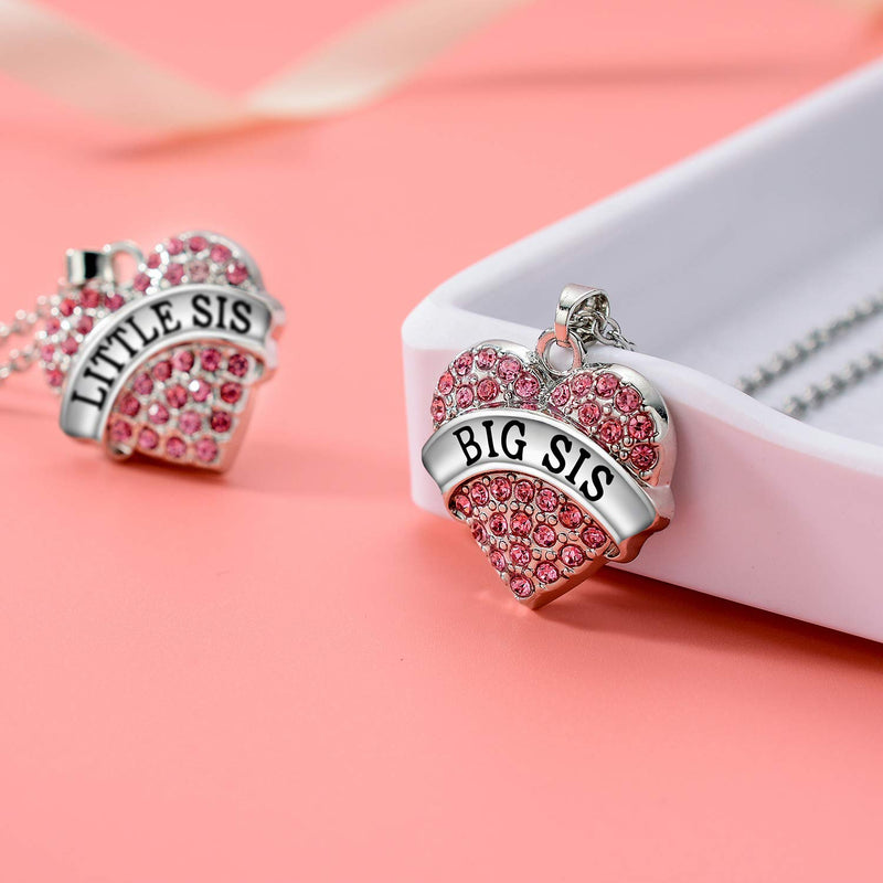 [Australia] - Big Sister Little Sister Necklace Set Big Sis Little Sis Matching Jewelry Girls Crystal Heart Pendant Necklace Pink Big Sis & Little Sis 