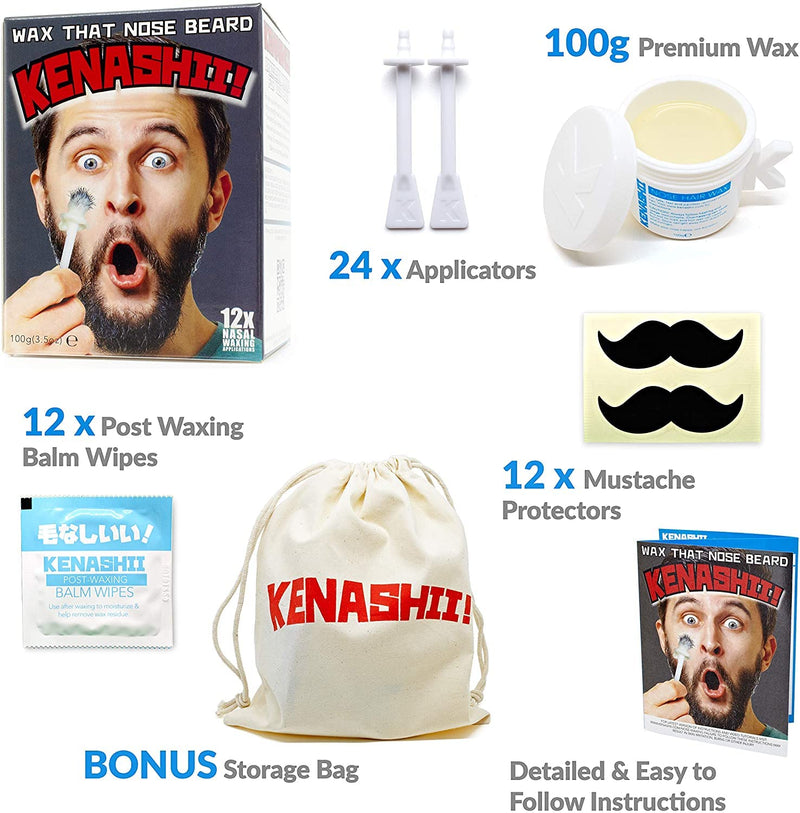 [Australia] - Nose Wax Kit, 100 g Wax, 24 Applicators. The Original & Best Nose Hair Removal Kit from Kenashii. Nose Waxing For Men & Women. 12 Applications, 12 Post Waxing Balm Wipes, 12 Mustache Guards. 