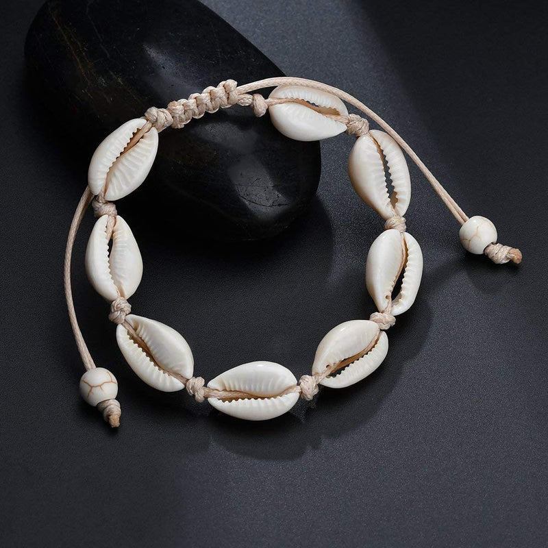 [Australia] - 2 Pieces Handmade Boehmia Natural Cowrie Shell Anklet Seashell Ankle Bracelet Boho Beads Hawaii Foot Jewelry 