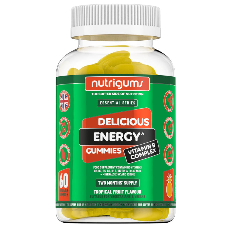 [Australia] - Energy Vitamin B Complex Vegan Tropical Fruit Flavour 60 Gummies | Two Month Supply | Vitamins B2, B3, B6, B12, B5 with Folic Acid, Zinc, Iodine & Biotin by NUTRIGUMS� 