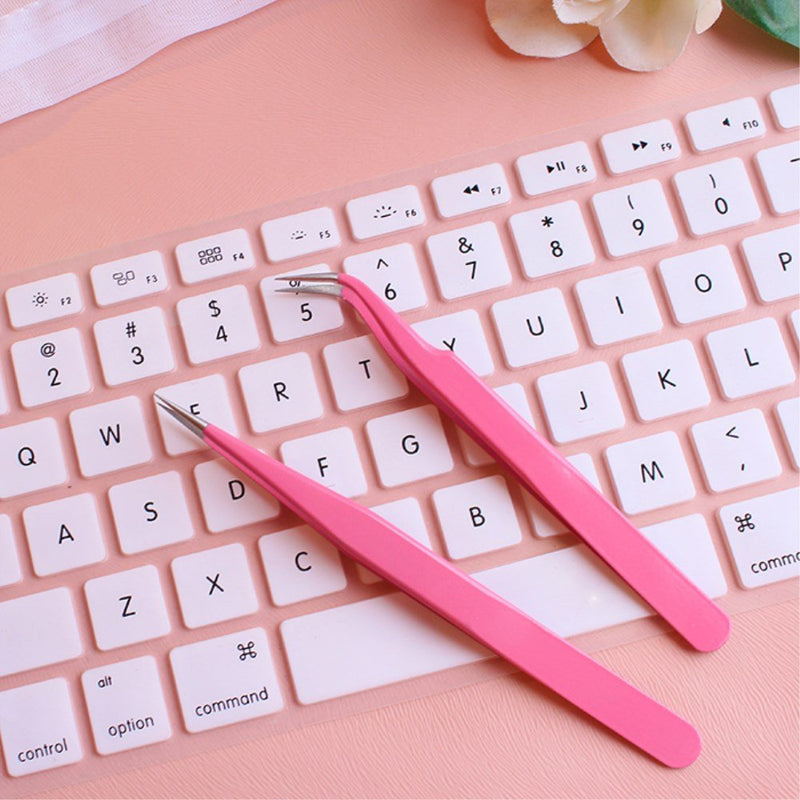 [Australia] - yueton 2pcs Pink Color Coated Stainless Steel Straight and Curved Head Tweezers for Eyelash Extension 