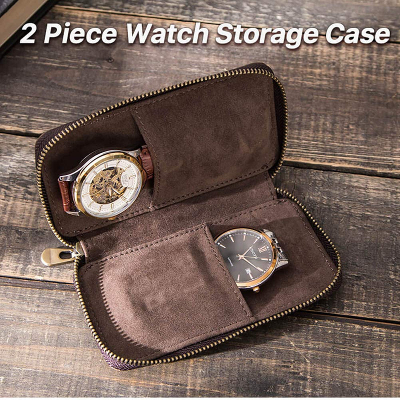 [Australia] - Watch Bracelet Storage Bag Case Leather 2 Pieces, Hiram Portable Travel Watch Genuine Leather Pouch, Watch Bag Leather for Couple Watches 2 Pieces(Coffee) 1114coffee 