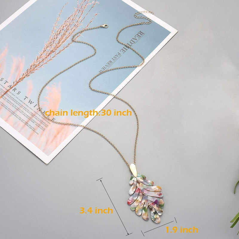 [Australia] - YINL Acrylic Pendant Necklace Earrings – Long Statement Leaf Charm Necklace Tortoise Resin Palm Leaf Earrings Fashion Necklaces Earrings for Women Girls Floral 