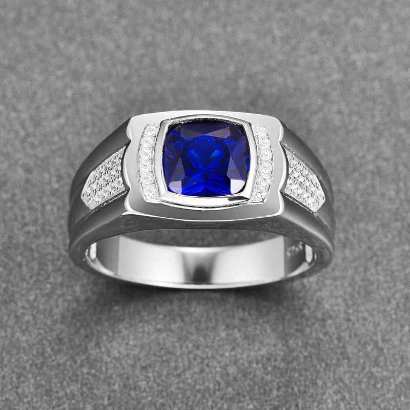 [Australia] - BONLAVIE Men's Engagement Ring 925 Sterling Silver Princess Cut Created Blue Sapphire Pave CZ Wedding Band Size 6-13 