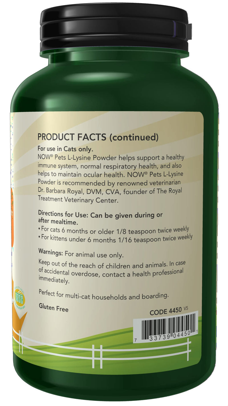 [Australia] - NOW Pet Health, L-Lysine Supplement, Powder, Formulated for Cats, NASC Certified, 8-Ounce 