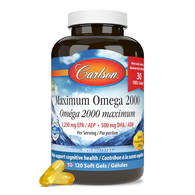 [Australia] - Carlson - Maximum Omega 2000, 2000 mg Omega-3 Fatty Acids Including EPA and DHA, Wild-Caught, Norwegian Fish Oil Supplement, Sustainably Sourced Fish Oil Capsules, Lemon, 90+30 Softgels 120 Count (Pack of 1) 