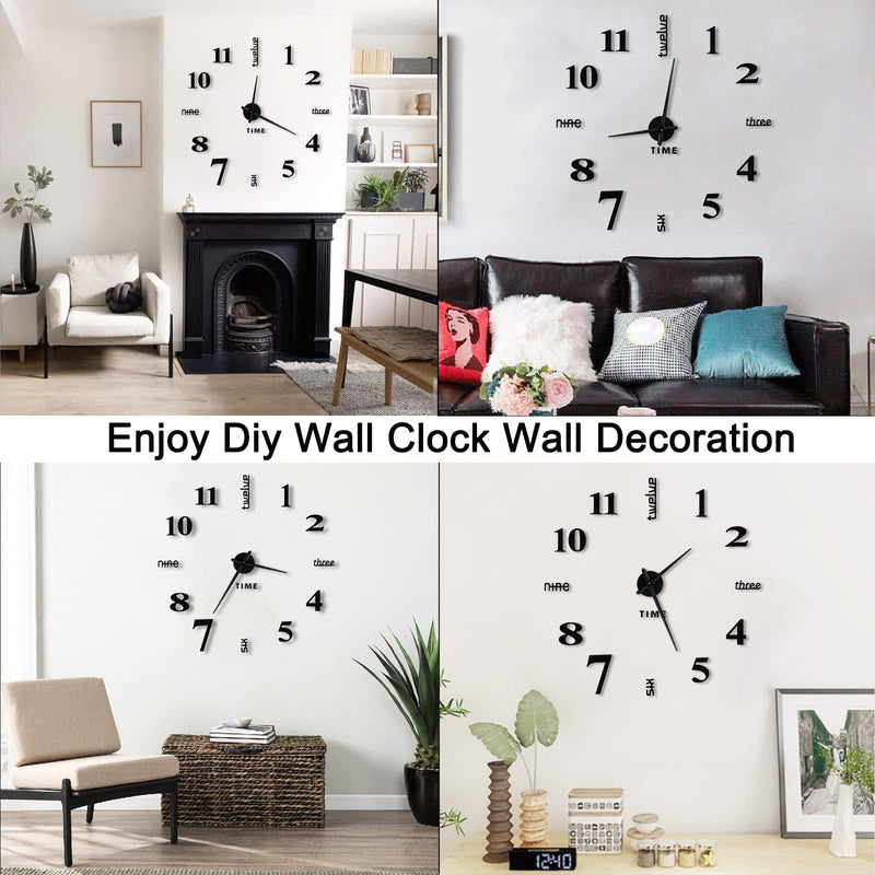 [Australia] - VREAONE Frameless DIY Wall Clock,Large Modern 3D Mirror Wall Clock Decor Sticker DIY Clock kit for Home Living Room Bedroom Office Wall Decorations(Black) Black 