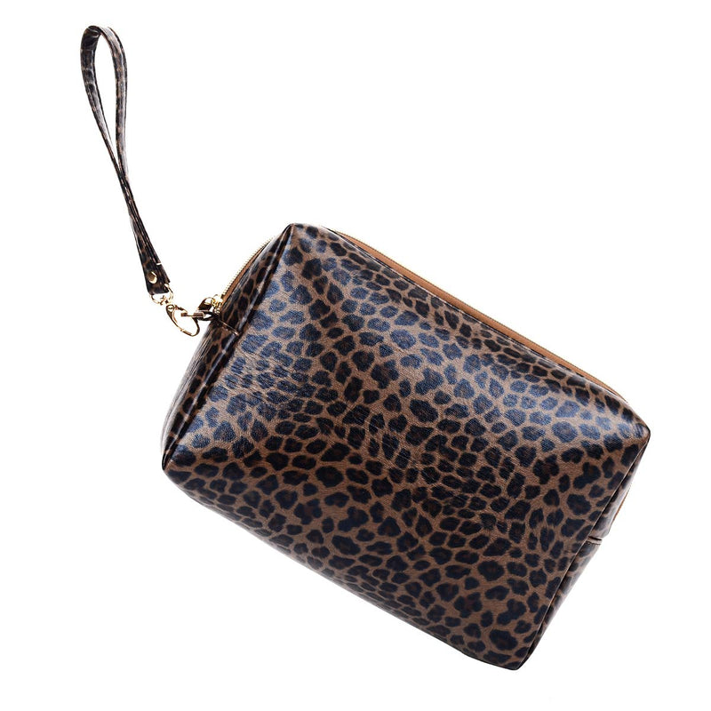 [Australia] - JUCT Leopard Print Travel Cosmetic Bag Portable Makeup Bags Waterproof PU Leather Makeup Pouch for Women Girls 10.2×7.9×3.9 Inch (Brown Leopard Print) Brown Leopard Print 