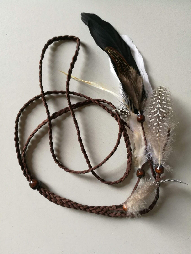 [Australia] - Fodattm Set of 2 Gypsy Hippie Feather Headband Headdress and Armband Bohemian Headwear Headpiece Handmade Tribal Indian Fascinator Feather Hairband Hair Accessories for Girls Women Lady (A#) A# 