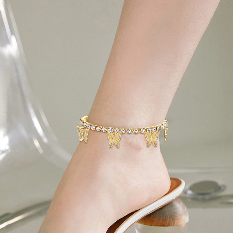 [Australia] - Jstyle 3Pcs Butterfly Anklet for Women Rhinestone Ankle Bracelet Adjustable Tennis Chain Anklets Summer Beach Foot Jewelry Gold 
