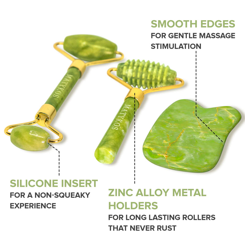 [Australia] - Jade Roller for Face and Gua Sha Set - Massage Tools for Drainage Puffiness Wrinkles Relaxation - Face Massager Jade 3 in 1 Kit - BONUS Ridged Roller, Gift Box, Gua Sha 