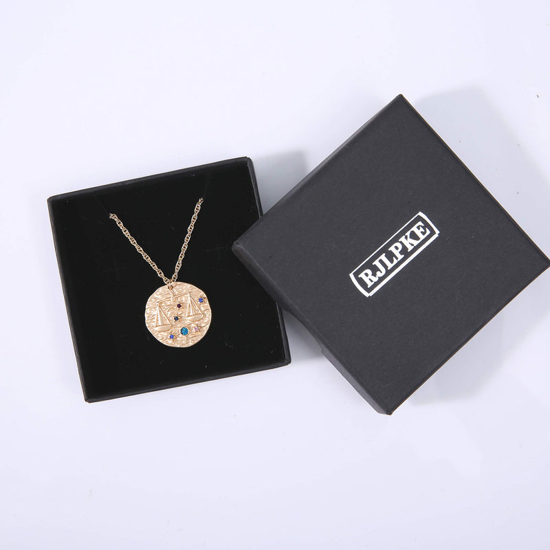 [Australia] - Fashion Fantasy Baroque 12 Constellation Relief Coins Round Brand Guardian Necklace Retro Constellation Gilt Sweater Chain Hot Style Birthday Gift Couple Necklace Libra 