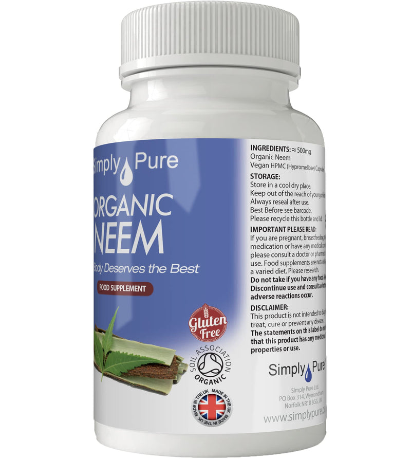 [Australia] - Simply Pure Organic Neem Capsules x 90, 500mg, 100% Natural Soil Association Certified, Gluten Free, GM Free and Vegan. 