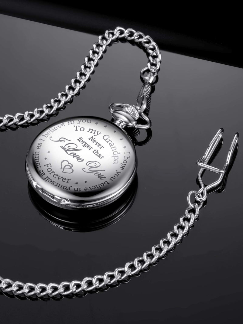 [Australia] - Hicarer Grandfather Pocket Watch for Father's Day Christmas Birthday, Personalized Gift for Grandfather- Never Forget That, I Love You Forever Silver 