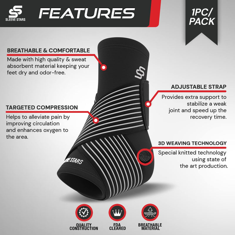 [Australia] - Sleeve Stars Ankle Brace for Plantar Fasciitis Relief, Ankle Wrap for Sprained Ankle, Ankle Brace for Women & Men, Heel Protectors Sleeve w/ Ankle Support Strap, Heel Brace for Heel Pain (Single/Black) 1 Black 