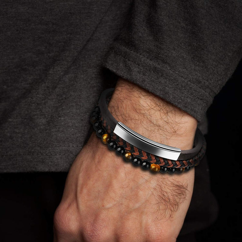 [Australia] - Mens Leather Bracelet – Classic Handmade Braided Black & Brown Cuff Bracelet with Engraved Magnetic Clasp FREE Jewelry GIFT Boxed Brown - Silver 17.5 Centimetres 