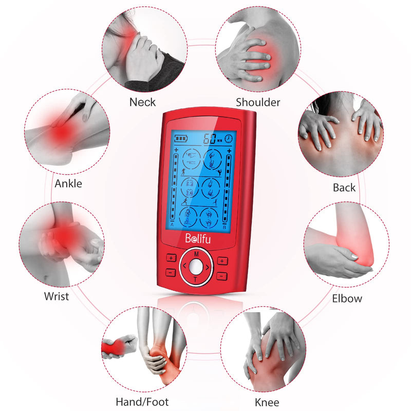 [Australia] - Belifu Dual Channel TENS EMS Unit 24 Modes Muscle Stimulator for Pain Relief Therapy, Electronic Pulse Massager Muscle Massager with 10 Pads, Dust-Proof Drawstring Storage Bag，Fastening Cable Ties Red 