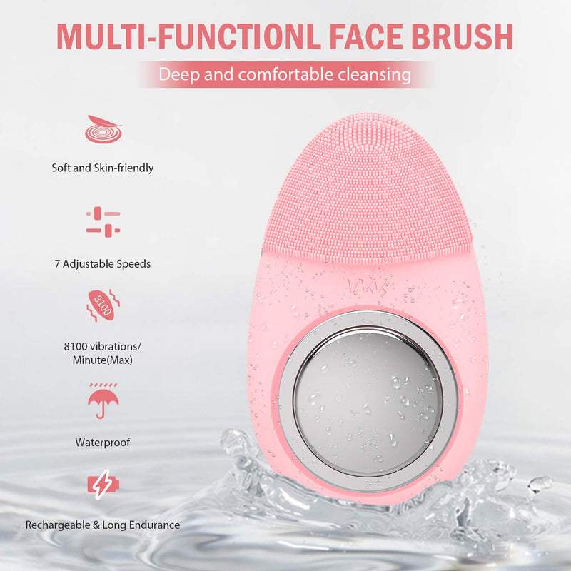 [Australia] - Facial Cleansing Brush, VKK [2020 Upgraded] 4 in 1 Waterproof Silicone Sonic Face Brush For Makeup Removal, Gentle Exfoliation, Deep Cleansing Essence Absorption V-line Lifting(Pink) 