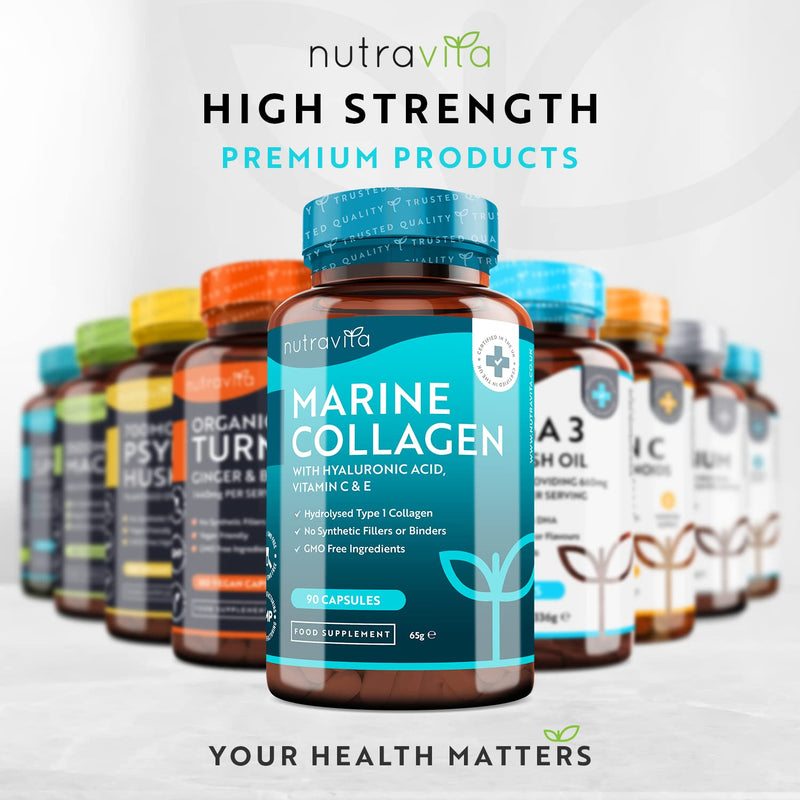 [Australia] - Marine Collagen 1000mg Enhanced with Hyaluronic Acid 100mg - 90 Super Strength Capsules - Hydrolysed Collagen Supplements - Vitamin C, Vitamin E, Vitamin B2, Zinc, Copper - Made in The UK by Nutravita 90 Count (Pack of 1) 