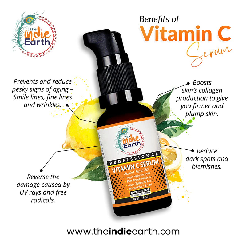 [Australia] - The Indie Earth Vitamin C Serum with Turmeric, Vitamin E, Vegan Hyaluronic Acid, Ferulic Acid and Vegan Glutathione Acid Serum (30 ml) Best Vitamin C Serum Best Fairness Serum 